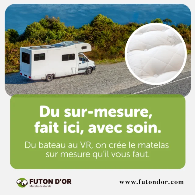 Un matelas qui s’adapte à votre réalité, pas l’inverse.

Besoin d’un matelas sur mesure pour un lit de VR, un bateau, un lit antique ou même un projet unique ? On s’en occupe.

Chez Futon d’Or, vous pouvez choisir parmi nos modèles de futons et matelas existants et nous confier vos dimensions exactes pour une fabrication personnalisée.

🧺 On peut même créer une **housse sur mesure** pour le style et la protection.

Fabriqué au Québec avec des matériaux durables 🌿

✅ Hypoallergénique
✅ Régulation de la chaleur
✅ Garantie 5 ans
✅ Sans emballage excessif

👉 Parlez-nous de votre projet — on adore les défis (sauf les matelas en forme de cœur 😉).
https://www.futondor.com/fr/produit/matelas-sur-mesure/

🛠️ À noter :
• Délais de production : 4 à 8 semaines
• Non échangeable / non remboursable — les mesures, c’est sacré !
• Format maximal : 80″ (203 cm), formes rectangulaires seulement